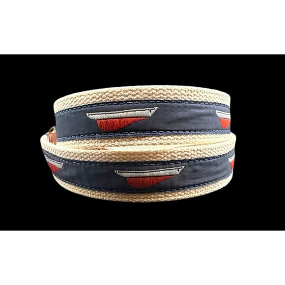 Leather Man Ltd. Belt Mens Size 42 Navy Leather Brass Buckle Woven Sailboat - Picture 6 of 16